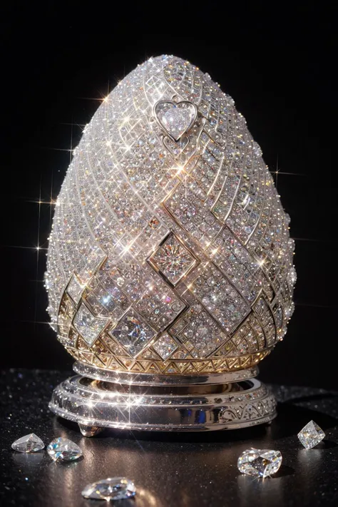 ((amazing faberge egg-shaped diamond and silver, glittering facets, intricate details, silver filigree, magnificent art object, sitting on black velvet, cinematic lighting)) ((ultra-HD-Details)) <lora:Sparklecore:.8> sparklecore, realistic, scenery, sparkle