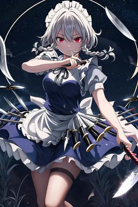 masterpiece, best quality, absurdres, ultra detail,<lora:GoodHands-vanilla:0.8> <lora:anmnr01:0.3> <lora:add_detail:0.5>, 1girl, izayoi_sakuya_touhou <lora:izayoi_sakuya_touhou:0.7>,floating air,knife,many knives flying,hold knife,night sky,outdoor,magic circle