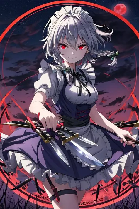 masterpiece, best quality, absurdres, ultra detail,<lora:GoodHands-vanilla:0.8> <lora:anmnr01:0.3> <lora:add_detail:0.5>,stylish angle, 1girl, evil smile,izayoi_sakuya_touhou <lora:izayoi_sakuya_touhou:0.7>,floating air,knife,many knives flying,hold knife,red moon night sky,outdoor,(magic circle)