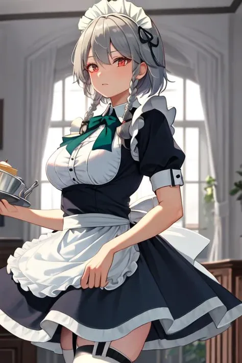 best quality, masterpiece, highres, solo, {maid:1.40}, {long maid dress:1.15}, {izayoi_sakuya_touhou:1.15}, braid, twin_braids, maid_headdress, short_hair, bow, grey_hair, hair_bow, bangs, blue_eyes, ribbon, hair_between_eyes, breasts, apron, upper_body, green_bow, white_hair, red_eyes