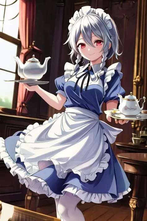 masterpiece, best quality, absurdres, ultra detail,<lora:GoodHands-vanilla:0.8> <lora:anmnr01:0.3> <lora:add_detail:0.5>,stylish angle, 1girl, smile,izayoi_sakuya_touhou <lora:izayoi_sakuya_touhou:0.7>,teaset,cake,Makaron,pour tea,table,cup