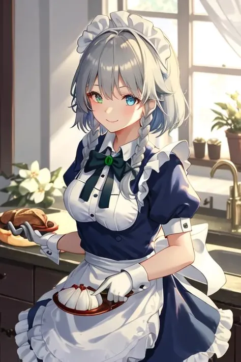 best quality, masterpiece, highres, solo, {izayoi_sakuya_touhou:1.15}, braid, twin_braids, maid_headdress, short_hair, maid, bow, grey_hair, hair_bow, bangs, blue_eyes, ribbon, hair_between_eyes, breasts, apron, upper_body, green_bow, white_hair, red_eyes, 1girl, dress, knife, looking_at_viewer, puffy_short_sleeves, puffy_sleeves, short_sleeves, blue_dress, frills, smile, holding, holding_knife, shirt, waist_apron, gears, heterochromia, maid_apron, wrist_cuffs