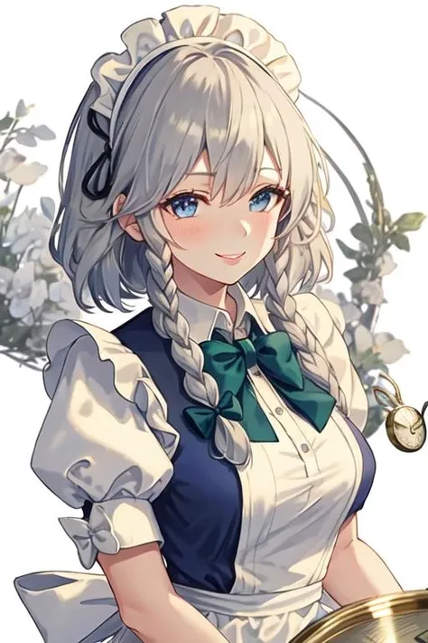 best quality, masterpiece, highres, solo, {izayoi_sakuya_touhou:1.15}, braid, twin_braids, maid_headdress, short_hair, maid, bow, grey_hair, hair_bow, bangs, blue_eyes, ribbon, hair_between_eyes, breasts, apron, upper_body, green_bow, white_hair, red_eyes, 1girl, brooch, jewelry, looking_at_viewer, simple_background, white_background, pocket_watch, shirt, watch, hand_up, holding, medium_breasts, puffy_short_sleeves, puffy_sleeves, short_sleeves, white_shirt, black_bow, black_ribbon, bowtie, neck_ribbon, parted_lips, smile, wrist_cuffs