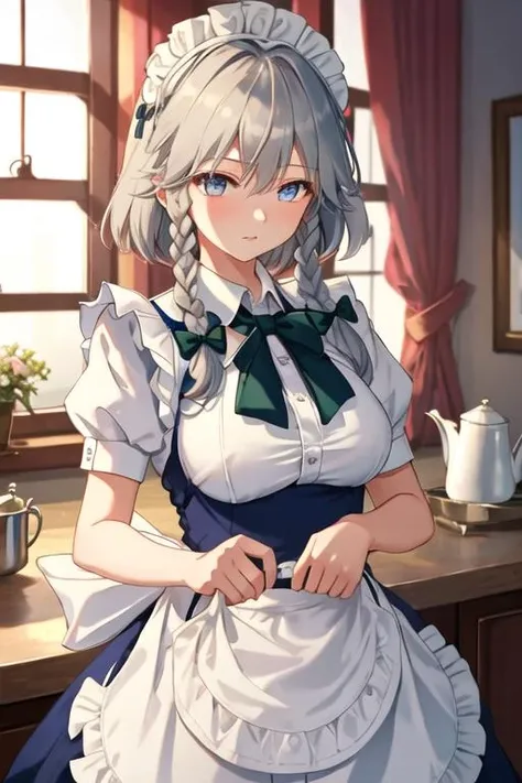 best quality, masterpiece, highres, solo, {izayoi_sakuya_touhou:1.15}, braid, twin_braids, maid_headdress, short_hair, maid, bow, grey_hair, hair_bow, bangs, blue_eyes, ribbon, hair_between_eyes, breasts, apron, upper_body, green_bow, white_hair, red_eyes