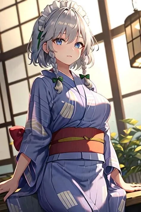 best quality, masterpiece, highres, solo, {yukata:1.40}, {kimono:1.20}, {izayoi_sakuya_touhou:1.15}, braid, twin_braids, maid_headdress, short_hair, maid, bow, grey_hair, hair_bow, bangs, blue_eyes, ribbon, hair_between_eyes, breasts, apron, upper_body, green_bow, white_hair, red_eyes