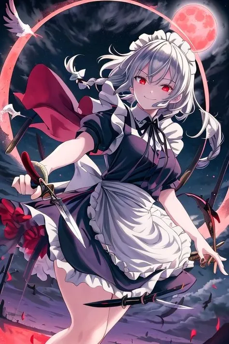 masterpiece, best quality, absurdres, ultra detail,<lora:GoodHands-vanilla:0.8> <lora:anmnr01:0.3> <lora:add_detail:0.5>,stylish angle, 1girl, evil smile,izayoi_sakuya_touhou <lora:izayoi_sakuya_touhou:0.7>,floating air,knife,many knives flying,hold knife,red moon night sky,outdoor,(magic circle)