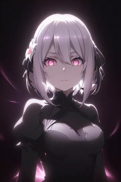 <lora:Lily Spy Classroom:0.85>,lily_olis, small breasts,black dress,silver hair, pink eyes, short hair, elegant dress, (glowing eyes:1.2), dark place, dark aura, serene expression, standing, beautiful face, (upper body:1.2), (high resolution illustration), anime girl, (high quality), 1girl, 4k,<lora:NoiseOffset_v2:1.0>