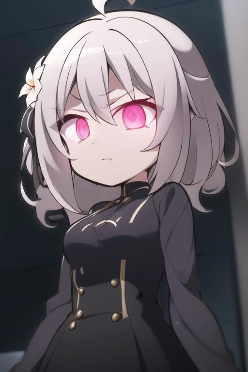 <lora:Lily Spy Classroom:0.85>,lily_olis, small breasts,black dress,silver hair, pink eyes, short hair, elegant dress, (glowing eyes:1.2), dark place, dark aura, serene expression,chibi, standing, beautiful face, (upper body:1.2), (high resolution illustration), anime girl, (high quality), 1girl, 4k,<lora:chibi1:1.0>