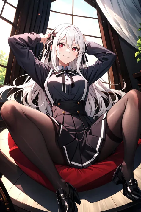 masterpiece, best quality, lily, lily_olis, slight smile, perfect face, thighs, breasts, white hair, hair between eyes, hair ribbon, red eyes, black shirt, high-waist skirt, skirt, black skirt, manga larga, bowtie, black ribbon, neck ribbon, striped bow, black and white bow ,pantyhose, skirt lift,
<lora:add_detail:0.15> , <lora:more_details:0.15> , <lora:LILY_240e6-48e6_R6-12-3-3_D128-A128:0.3> , <lora:Lily:0.3>