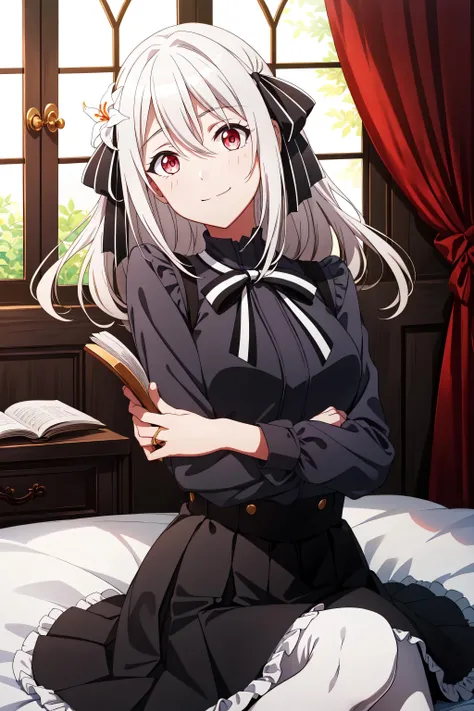 masterpiece, best quality, lily, lily_olis, slight smile, perfect face, thighs, breasts, white hair, hair between eyes, hair ribbon, red eyes, black shirt, high-waist skirt, skirt, black skirt, manga larga, bowtie, black ribbon, neck ribbon, striped bow, black and white bow ,pantyhose, skirt lift,
<lora:add_detail:0.15> , <lora:more_details:0.15> , <lora:LILY_240e6-48e6_R6-12-3-3_D128-A128:0.4> , <lora:Lily:0.4>