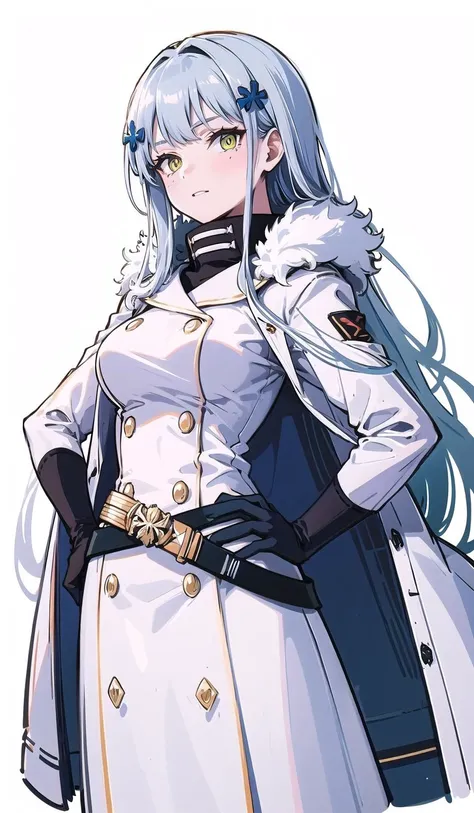 outfit-rossiya, 1girl, solo, white coat, looking at viewer, hand on hip, white background, simple background<lora:outfit-rossiya-pynoise:1> <lora:char-hk416:0.8>