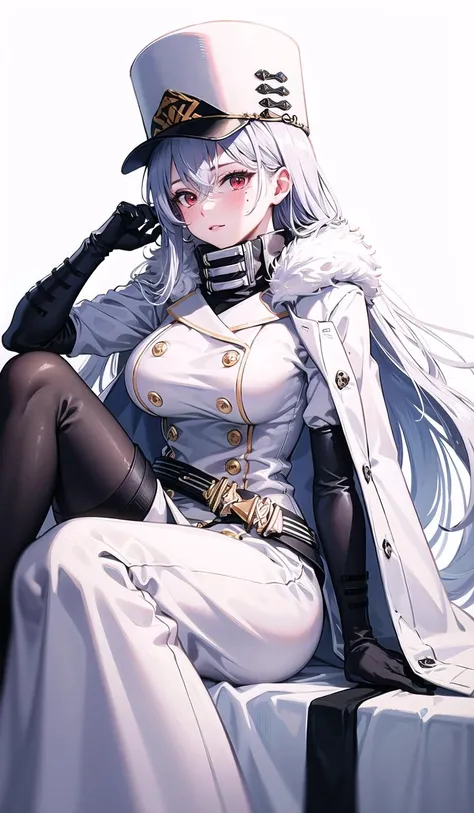 rossiya hairstyle, outfit-rossiya, 1girl, military hat, white coat,long hair, solo, red eyes, white hair, sitting, looking at viewer, white background, hair between eyes, blush, mole under eye, very long hair, simple background <lora:[LoRa] Sovetskaya Rossiya Azur lane Clothing (With multires noise version):1>