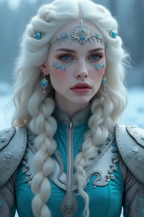 A striking figure with platinum blonde hair is styled in intricate braids adorned with metallic accessories. Her piercing blue eyes and ornate face decoration featuring glimmering blue gems and a central, diamond-shaped forehead adornment capture attention. Wearing elaborate, silver-trimmed turquoise attire with metallic armor featuring floral motifs, she stands against a blurred snowy background, exuding an ethereal and regal presence. The overall atmosphere is one of wintry elegance and strength.