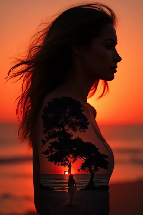 A woman with flowing, wavy hair stands in profile against a vibrant sunset backdrop over the ocean. Her silhouette melds seamlessly with a scene of a sandy beach and trees reflected in the sunset's glow, showing another woman in a white dress walking along the shore. Warm hues of orange and red dominate the sky, casting a soft light that accentuates the serene and dreamlike ambiance.