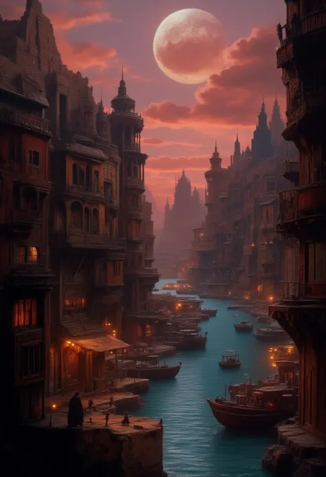 the atmospheric city of Jekkara is a seedy, decaying port city sprawled along the banks of one of Mars' ancient canals. The city is drenched in shadow, with narrow, winding streets flanked by crumbling buildings made of red Martian stone, their facades etched with forgotten glyphs from a long-gone civilization. Flickering, dim lanterns cast eerie glows over the bustling market squares, where merchants peddle rare, alien waresâgems, spices, and weaponsâamid the pungent scent of exotic spices and dry Martian air. The canals, once grand, now run low and sluggish, bordered by rusty, corroding docks where rickety skiffs bob in the waters. The inhabitants are a dangerous mix of smugglers, thieves, and exiled nobles, their eyes gleaming with suspicion under the hoods of their worn cloaks. Overhead, the Martian sky glows with a faint pink hue, the distant twin moons hanging low. In the distance, dilapidated mansions loom over the city, remnants of Jekkara's faded grandeur, their shadowy courtyards now home to covert dealings and whispered secrets.