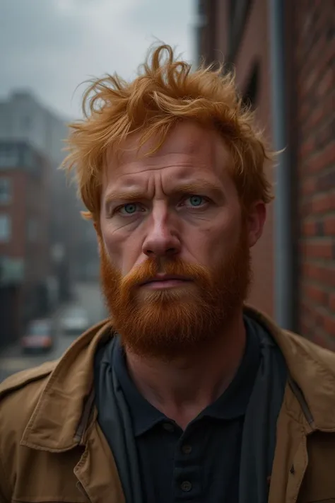 A solemn man stands against a red brick wall backdrop, his tousled ginger hair and matching beard catching the light. His intense blue eyes and furrowed brow convey a serious demeanor. He wears a rugged tan jacket over a dark shirt, contrasting with the muted urban setting. The background features out-of-focus buildings and a grey, overcast sky.