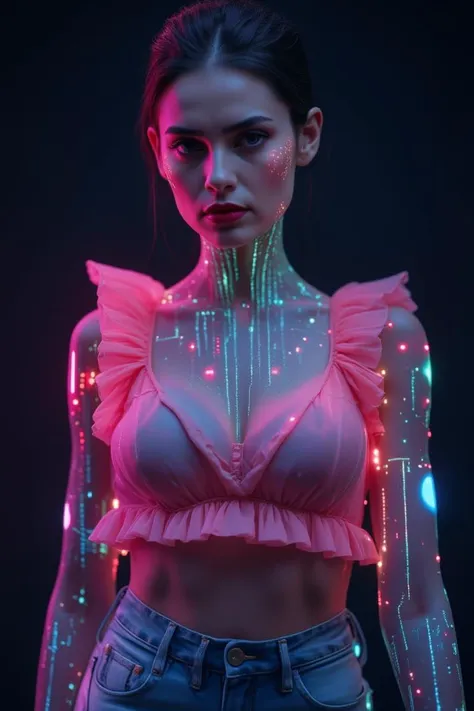 A woman stands confidently, adorned in a ruffled, sheer pink top paired with high-waisted blue jeans. Her skin is accentuated with vibrant, neon digital patterns and colorful, dotted lights. Dark hair is sleekly pulled back, while her expression is poised, with red lips adding an extra pop of color. The background is a deep navy, contrasting with the bright, futuristic elements illuminating her figure. A hint of cityscape elements in pixelated style is subtly integrated in the background, enhancing the modern, high-tech aesthetic.