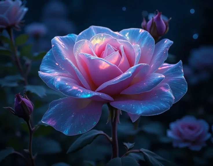 A magnificent,iridescent rose stands gracefully with petals that glisten in a spectrum of colors,creating a luminescent effect. The plant's leaves and stems appear translucent,reflecting the ethereal glow. The background is a dreamy,star-studded night sky,enhancing the magical aura. Budding roses surround the central bloom,contributing to the otherworldly garden scene.