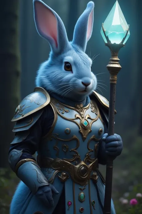 A fantastical rabbit dressed in ornate, gold-trimmed armor holds a glowing blue crystal staff, standing in a misty forest. Soft blue fur and tall, pink-tinged ears contrast with the elaborately detailed breastplate adorned with colorful gemstones. The dim, mystical lighting highlights the intricate designs on the armor, enhancing the enchanting and otherworldly atmosphere of the scene.