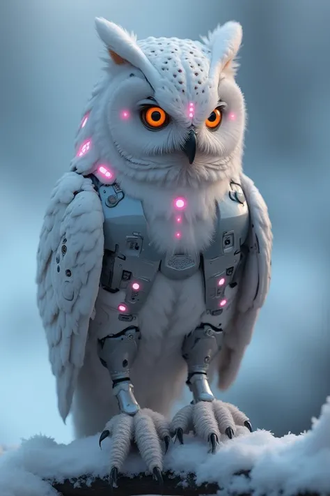 A futuristic owl with a combination of natural feathers and robotic enhancements perches on a snow-covered branch. The owl's white feathers blend seamlessly with metallic plates, adorned with glowing pink accents. Bright, orange-red eyes glisten with an intelligent, almost otherworldly aura. The detailed texture of the robotic components contrasts with the softness of the feathers. In the background, an out-of-focus wintry landscape provides a cold, serene ambiance, enhancing the owl's striking appearance.