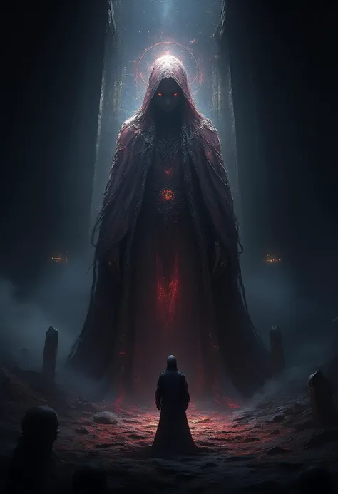 ahx, a dark, ominous vision of the Veil of Tanit, draped over a shadowy, ancient temple illuminated by flickering firelight. The veil appears to shimmer with an ethereal glow, woven with intricate symbols and runes in deep crimson and obsidian black. Beneath it, a mysterious figure stands, cloaked in darkness, with only their glowing amber eyes visible. The atmosphere is thick with mist, and faint whispers of ancient voices echo through the air. Surrounding the temple are jagged stone obelisks, half-buried in the sand, and the stars above seem to swirl unnaturally, as if drawn toward the veilâs power. Shadows twist and dance in the flickering light, giving the scene an eerie, otherworldly presence.