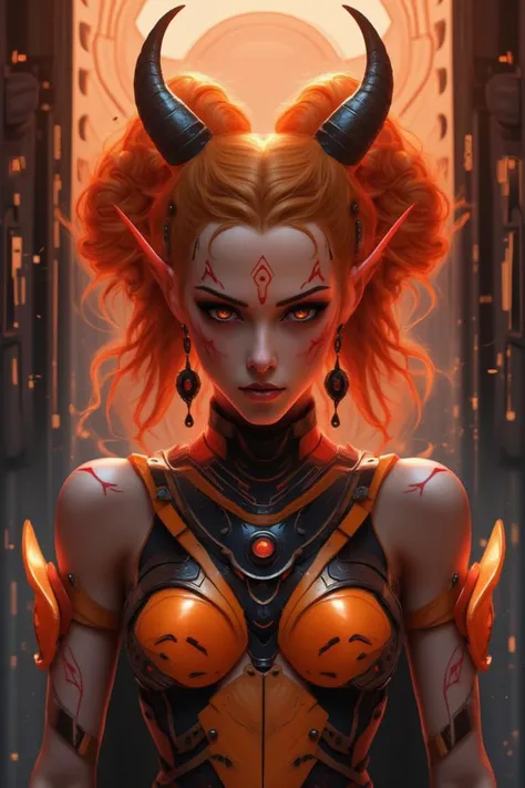 A striking character with vividly orange hair styled in a curly fashion, adorned with prominent curled horns. Her eyes are a piercing, glowing amber, set against fair skin accented by red tribal-like markings. She wears a form-fitting, intricately designed armor in shades of orange and black, with various metallic elements and mechanical details. Her ears are pointed, adding to her otherworldly appearance. The background is a warm, glowing gradient with abstract, tech-inspired patterns, complementing her futuristic and mysterious aesthetic.
