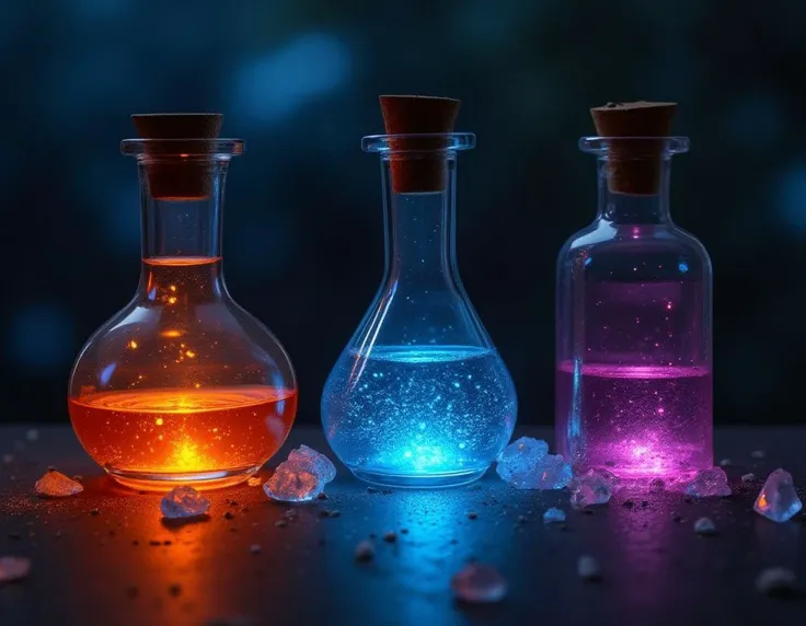 Three glass bottles sit before a dark,blurred backdrop,each sealed with a cork and containing vibrant,glowing liquids. On the left,an orange potion sparkles with warm hues,while the central bottle holds a luminescent blue concoction emitting subtle glows. The third bottle displays a radiant pink substance. Scattered around the bottles,small,translucent crystals add a touch of enchantment,their surfaces reflecting the magical light. Fine particles float in the air,enhancing the mystical ambiance.