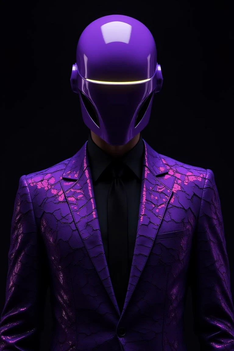 A futuristic figure clad in a shiny purple suit stands out, its helmet smooth and reflective with a glowing horizontal visor emitting light. The suit's textured, cracked pattern glistens under the lighting, while a black shirt and tie complement the ensemble. The dark background accentuates the figure’s vibrant appearance and sleek, metallic elements, creating a striking contrast.