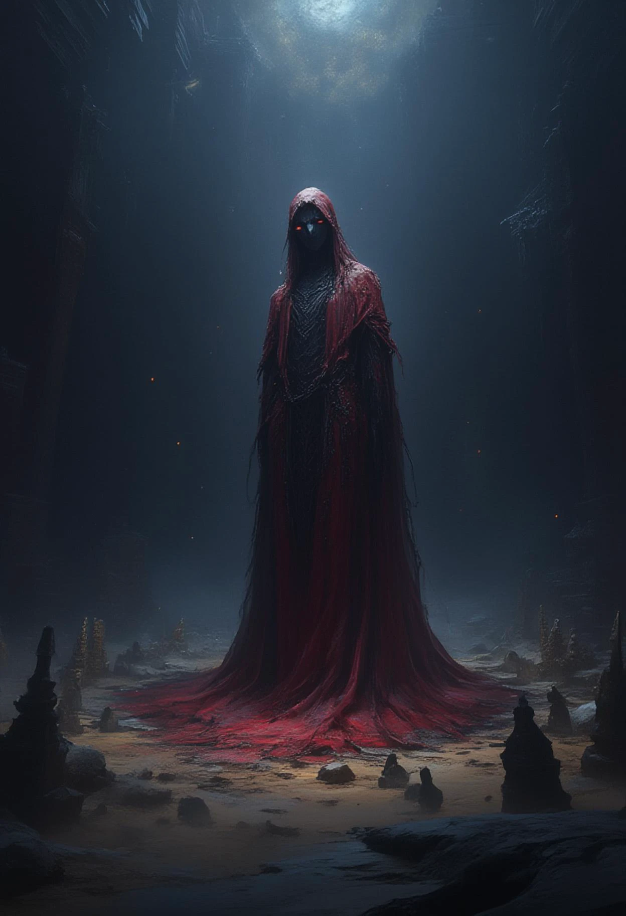 ahx, a dark, ominous vision of the Veil of Tanit, draped over a shadowy, ancient temple illuminated by flickering firelight. The veil appears to shimmer with an ethereal glow, woven with intricate symbols and runes in deep crimson and obsidian black. Beneath it, a mysterious figure stands, cloaked in darkness, with only their glowing amber eyes visible. The atmosphere is thick with mist, and faint whispers of ancient voices echo through the air. Surrounding the temple are jagged stone obelisks, half-buried in the sand, and the stars above seem to swirl unnaturally, as if drawn toward the veilâs power. Shadows twist and dance in the flickering light, giving the scene an eerie, otherworldly presence.