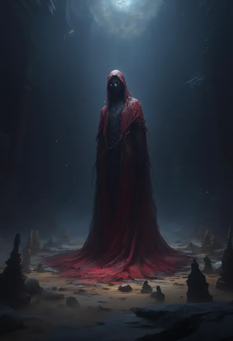 ahx, a dark, ominous vision of the Veil of Tanit, draped over a shadowy, ancient temple illuminated by flickering firelight. The veil appears to shimmer with an ethereal glow, woven with intricate symbols and runes in deep crimson and obsidian black. Beneath it, a mysterious figure stands, cloaked in darkness, with only their glowing amber eyes visible. The atmosphere is thick with mist, and faint whispers of ancient voices echo through the air. Surrounding the temple are jagged stone obelisks, half-buried in the sand, and the stars above seem to swirl unnaturally, as if drawn toward the veilâs power. Shadows twist and dance in the flickering light, giving the scene an eerie, otherworldly presence.