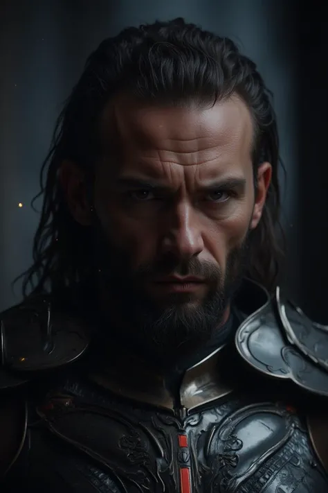 A man with rugged features and a stern expression clad in ornate, dark armor stands against a shadowy background. His long, slicked-back hair and well-groomed beard add to his intense demeanor. The armor gleams with intricate details, including engraved patterns and luminous accents. Dim, eerie light casts dramatic shadows on his face, enhancing his brooding look. Small, glistening particles are scattered in his hair and on the armor, contributing a mysterious, almost magical aura. The background is blurred, focusing attention on his resolute gaze and battle-ready stance.
