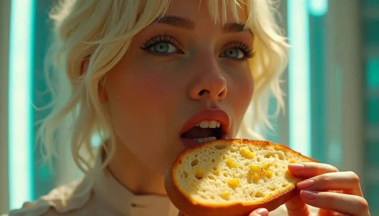 the most beautiful woman on earth, living in a futuristic utopian city, eating garlic bread.