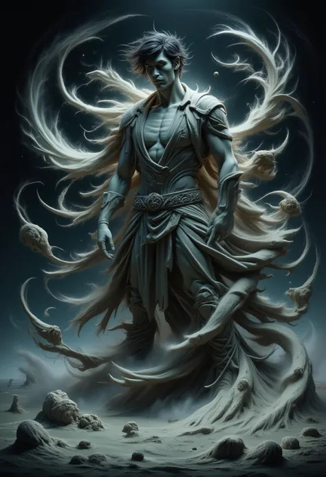 ral-sand A dramatic portrait of Dream from The Sandman, his pale skin glowing softly against a dark and ethereal backdrop filled with swirling mists. He stands tall, his black hair flowing in the wind, eyes shining with an intense, otherworldly glow. The setting reflects a dream-like realm, filled with shadows and distant stars. Rendered in the gothic style of ZdzisÅaw BeksiÅski, with surreal, twisted forms surrounding Dream, blending reality and nightmare.
