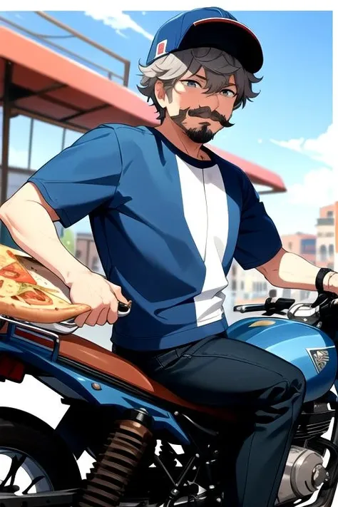 <lora:Izumi-04:0.7>, izumisena, shirt, hat, holding, food, chibi, facial hair, white headwear, holding food, blue shirt, ground vehicle, baseball cap, yellow background, motor vehicle, mustache, riding, pizza, fake facial hair, fake mustache, italy flag, italy
