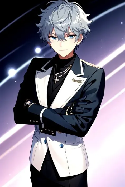 <lora:Izumi-04:0.7>, :3, black shirt, black sweater, blue shirt, crossed arms, half gloves, hand on hip, holding, izumisena, jewelry, light blue hair, looking at viewer, necklace, smile, top hat