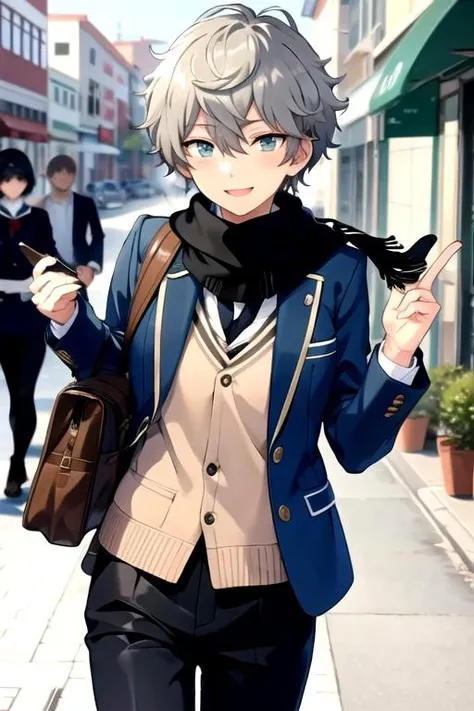 <lora:Izumi-04:0.7>,  izumisena, looking at viewer, smile, holding, school uniform, jacket, scarf, camera, pants