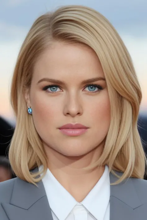 head shot, close-up, portrait of Alice_Eve woman busty celebrity Alice Eve, dirty blonde, with highlights, hair British woman with blue eyes. light brown roots, straight flat hair, slight freckles a woman with a black business suit, looking at the camera with a epic golden ratio, dusk, moon clouds, sky lighting, magical, background behind her <lora:Alice_Eve:0.6> with charisma. 50mm lens, f/2.8, focused on eyes, natural lighting