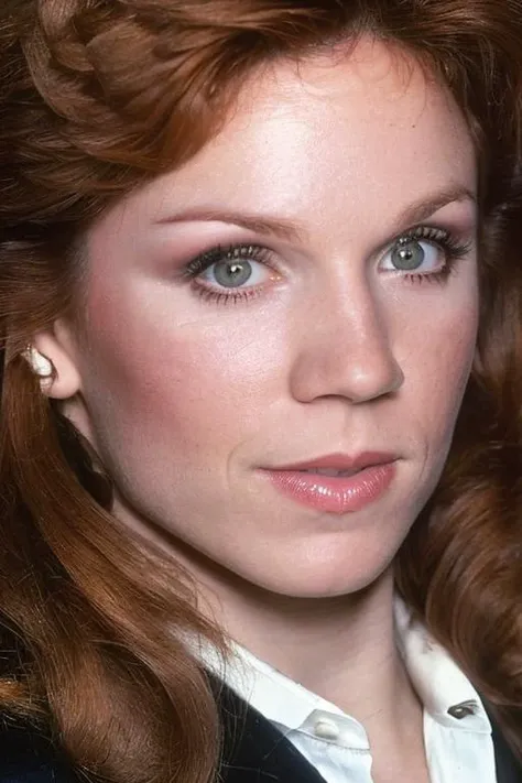 Upper-body professional publicity photo of (young) (mariluhenner ) (looking) at viewer, with high detail on face, eyes and lips; she is wearing a full-length skirt and a blouse; professional photograph, Zeiss 50mm F8, award-winning photo, (muted) photographic stock, 1970s