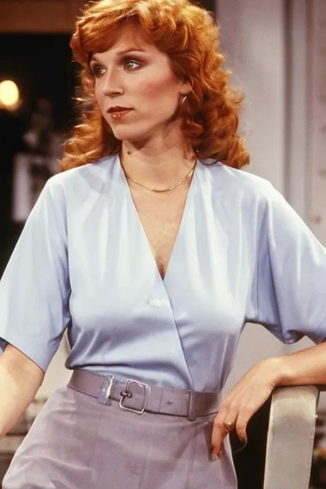 Upper-body professional publicity photo of (young) (mariluhenner ) (looking) at viewer, with high detail on face, eyes and lips; she is wearing a full-length skirt and a blouse; professional photograph, Zeiss 50mm F8, award-winning photo, (muted) photographic stock, 1970s