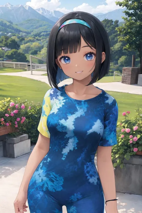 <lora:shorttiedyejump:0.6>, short tie-dye jumpsuit, dark-skinned female, looking at viewer, smile, black hair, bob cut, outdoors, mountain, blue eyes, hairband,