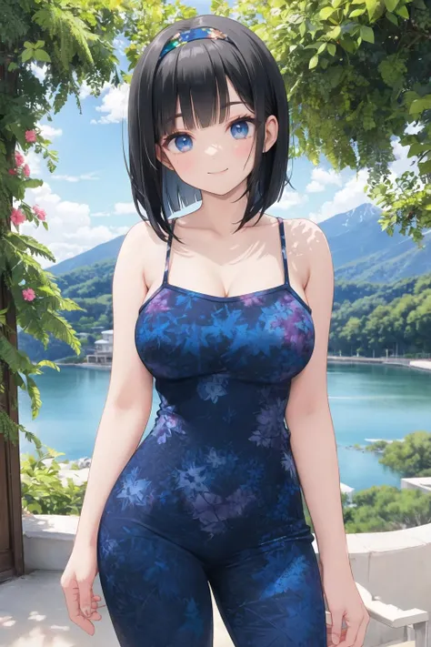 <lora:shorttiedyejump:0.6>, short tie-dye jumpsuit, large breasts, looking at viewer, smile, black hair, bob cut, outdoors, mountain, blue eyes, hairband, spaghetti strap, sleeveless