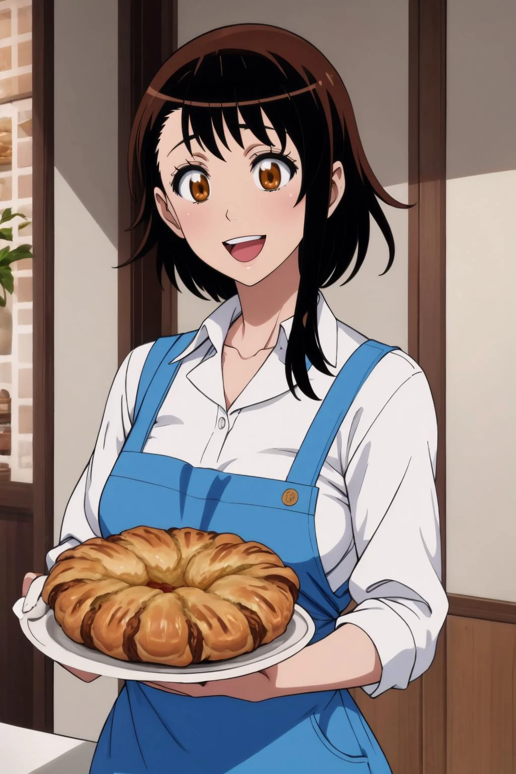 masterpiece, best quality, close up, <lora:onodera_v2:0.8> onodera kosaki, collared white shirt, blue apron, collarbone, :D, holding pastry box, <lora:age_slider_v1:-.25> mature female, <lora:weight_slider_v2:-.1> <lora:add_detail:0.2>