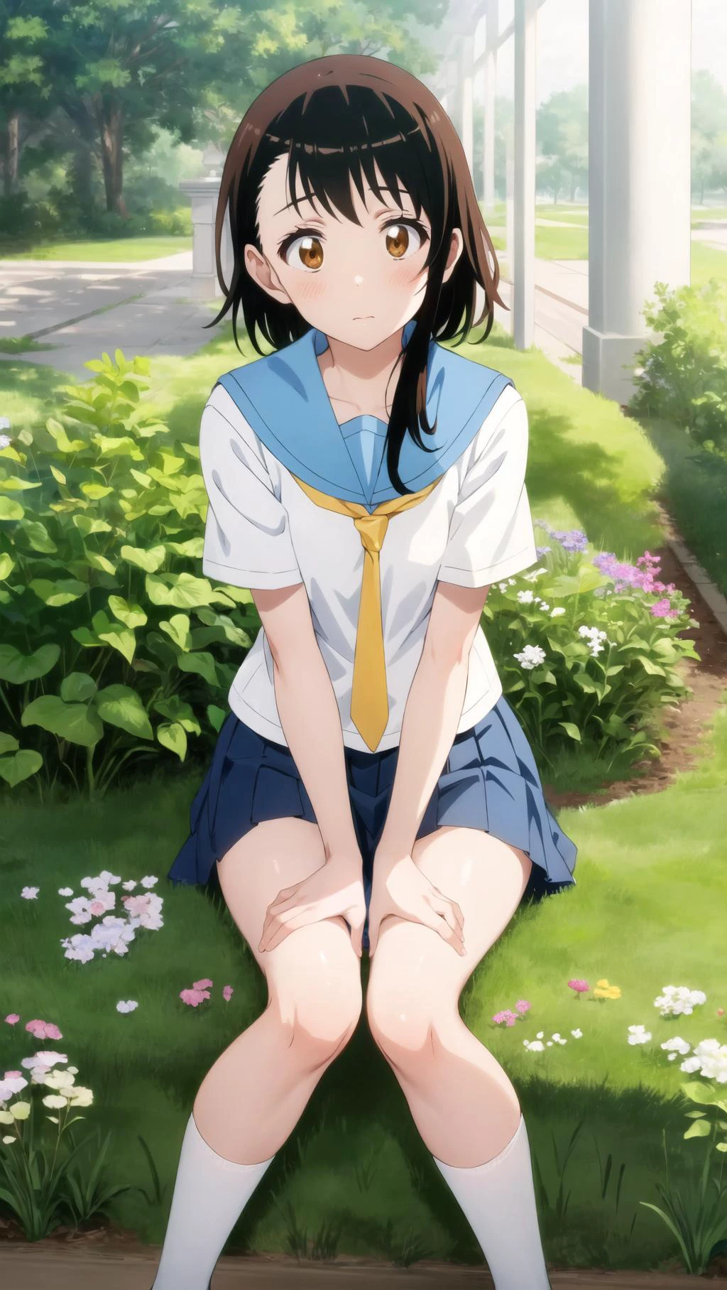 <lora:onodera_v2:0.8>, onodera kosaki,
school uniform, serafuku, orange tie, light blue skirt,
BREAK
masterpiece, best quality, highres, BREAK
,bored,old botanical garden daytime, , ruby theme, , eye level shot, hands on knees,, thighs