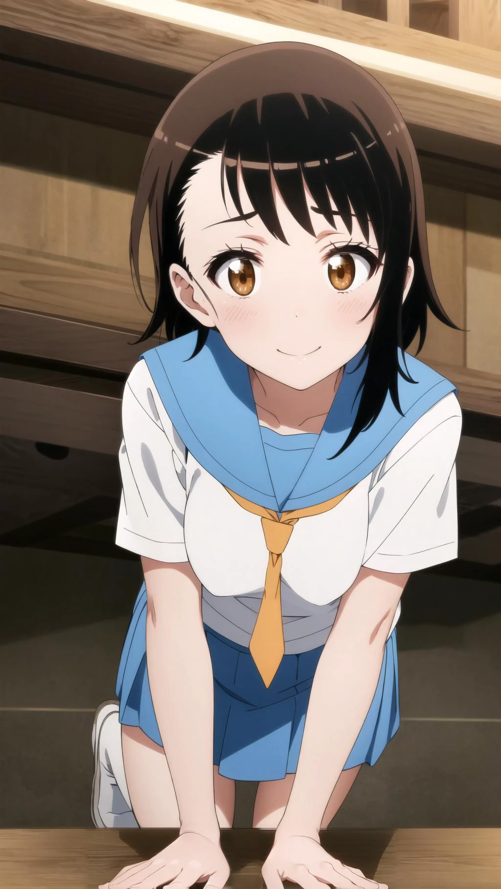 <lora:onodera_v2:0.8>, onodera kosaki,
school uniform, serafuku, orange tie, light blue skirt,
BREAK
masterpiece, best quality, highres, BREAK
,angelic smile,decadent farm nighttime, , earthy theme, , close-up shot, all fours,(looking at viewer:1.1), thighs