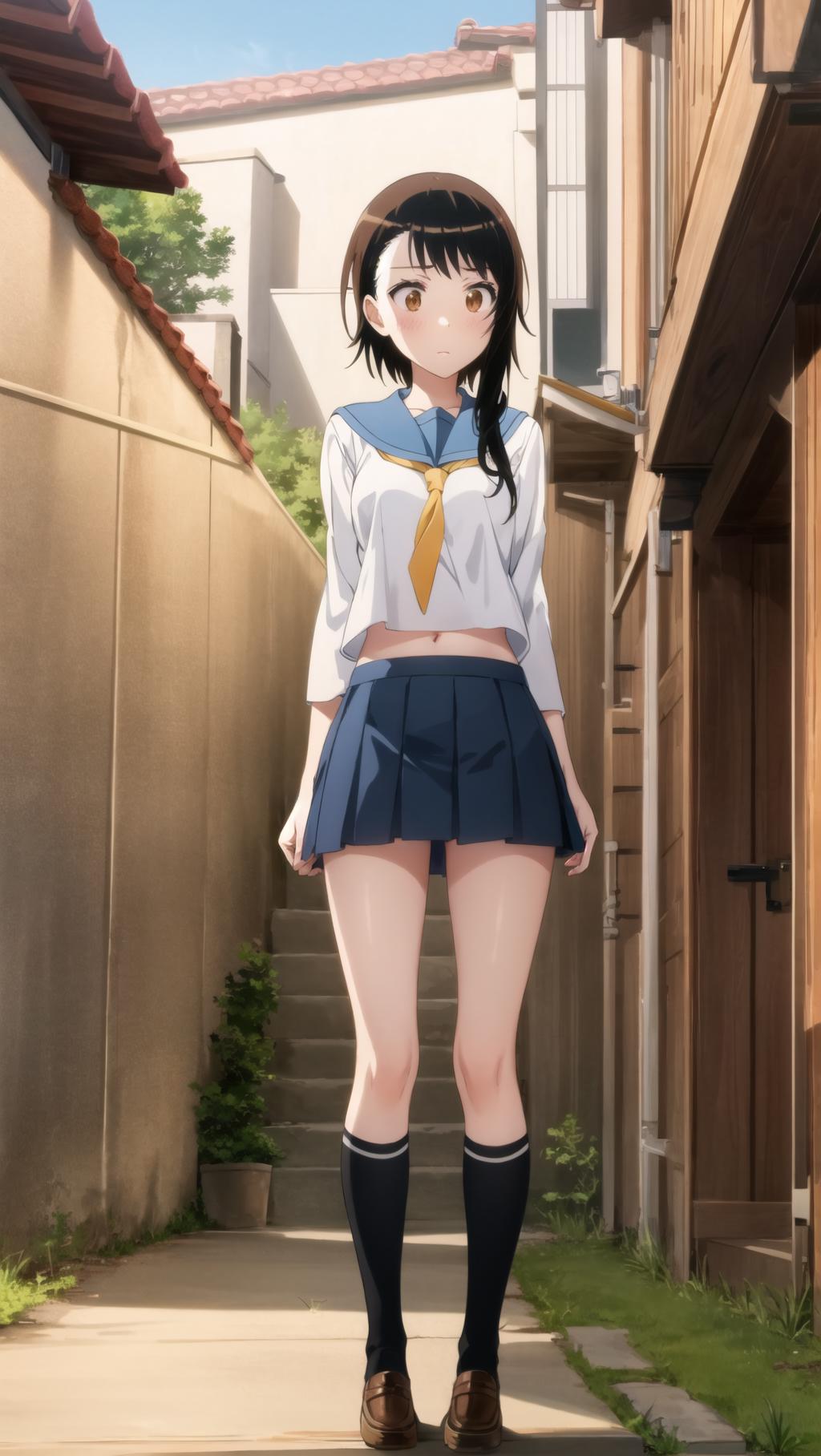 A woman in a short skirt and a shirt standing on a sidewalk - SeaArt AI