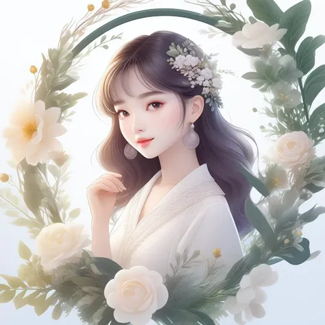 ((best quality)),((masterpiece)),((ultra-detailed)),(illustration),(detailed light),(an extremely delicate and beautiful),a girl,cute face,plant house,glass,[(white background:1.5),:5],simple background,wreath,(round floral framed:1.5),cropped shoulder,upper body,