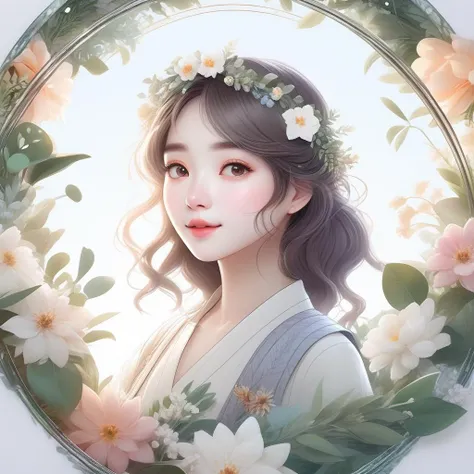 ((best quality)),((masterpiece)),((ultra-detailed)),(illustration),(detailed light),(an extremely delicate and beautiful),a girl,cute face,plant house,glass,[(white background:1.5),:5],simple background,wreath,(round floral framed:1.5),cropped shoulder,upper body,