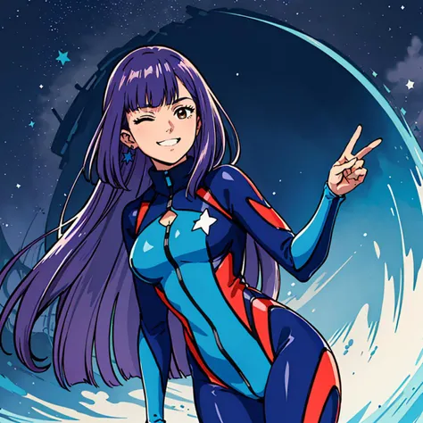 masterpiece,high quality,outdoors,
<lora:Roux Louka:0.7>,looking at viewer,smile,hand up,open hand,
1girl,solo,long hair,purple hair,brown eyes,one eye closed,
blue spacepilotsuit,star (symbol),breasts,
cowboy shot,