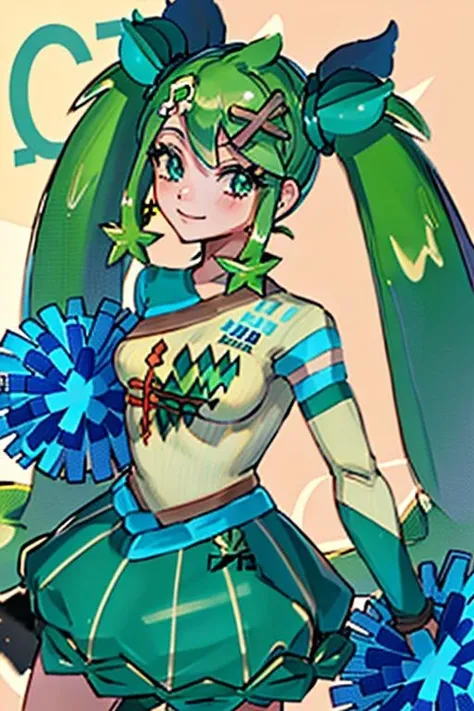 (masterpiece, best quality, highres, ultra detailed:1.2), (solo, 1girl, cowboy shot), kusamiku, green hair, twintails, smile, green eyes, hair ornament, pom pom (cheerleading), skirt, (dynamic pose)
