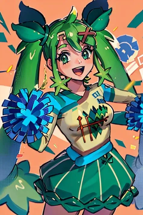 (masterpiece, best quality, highres, ultra detailed:1.2), (solo, 1girl, cowboy shot), kusamiku, green hair, twintails, smile, green eyes, hair ornament, pom pom (cheerleading), skirt, open mouth, (dynamic pose, confetti)